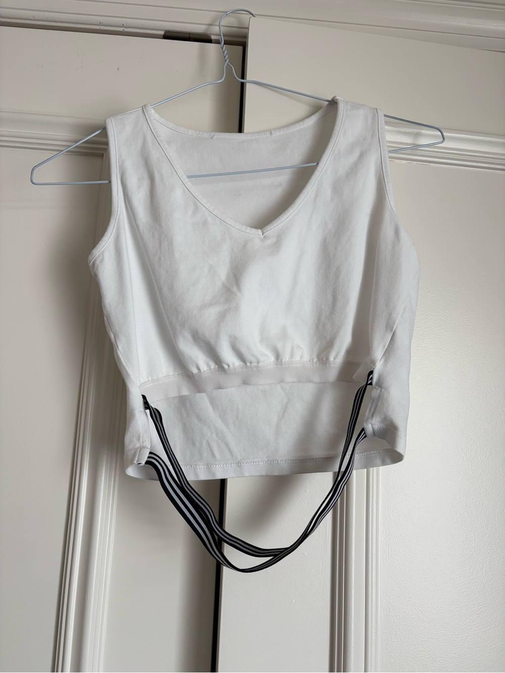 Striped-Trim White V-Neck Cropped Tank